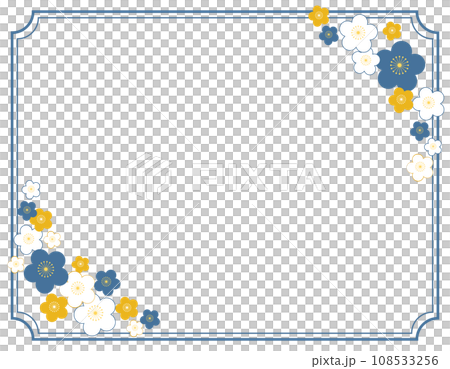 枠線のある梅の花の年賀状フレーム素材　青 108533256