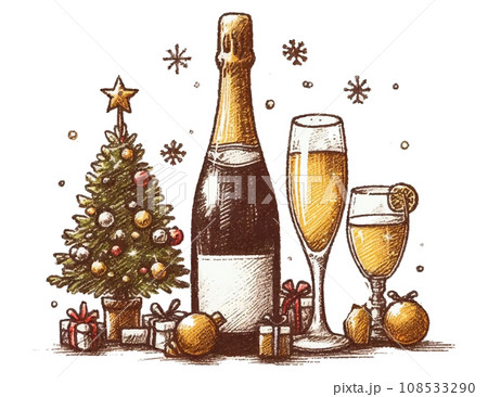 クリスマスの雰囲気のワイン、シャンパンのアクリル画タッチのイラスト 108533290