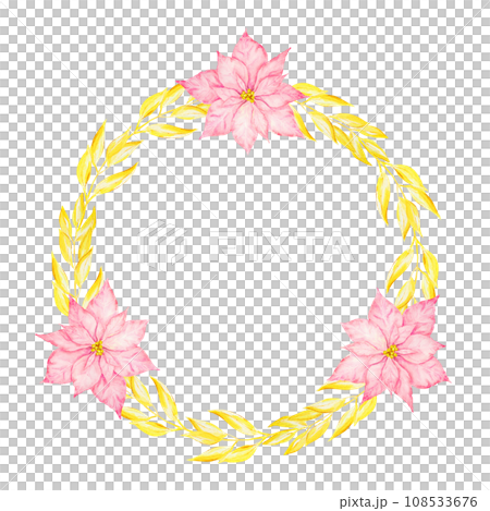 Pink poinsettia and gold branches. Watercolor hand drawn wreath with Christmas star. Winter symbol, new year ornament for holiday season prints, greeting cards, banners, invitations, packing Pink poinsettia and gold branches. Watercolor hand drawn wreath with Christmas star. Winter symbol, new year ornament for holiday season prints, greeting cards, banners, invitations, packing 108533676