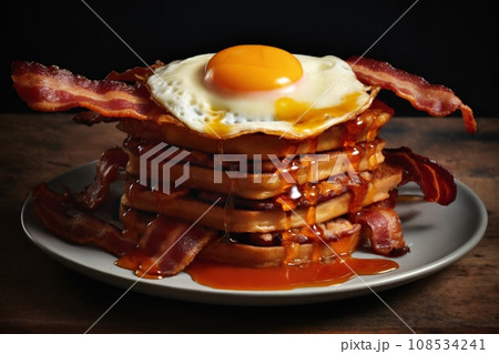 fried eggs with bacon and herbs, delicious breakfast, still life on a dark background fried eggs with bacon and herbs, delicious breakfast, still life on a dark background 108534241
