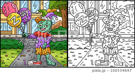 Zombie Clown with Balloons Coloring Illustration 108534697