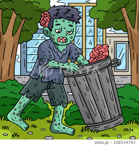 Zombie Rummaging a Trash Can Colored Cartoon  108534783
