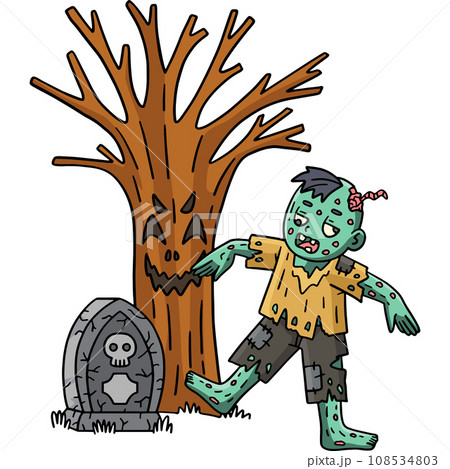 Zombie under Spooky Tree Cartoon Colored Clipart  108534803