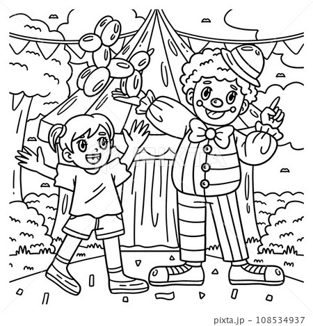 Circus Child and Clown Coloring Page for Kids 108534937