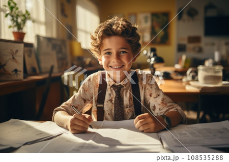 Close-up of handsome Caucasian elementary schoolboy wearing uniform sitting at desk in a cozy classroom. Happy smiling kid writing with a pen in notebook. Childhood, education and school concept. Close-up of handsome Caucasian elementary schoolboy wearing uniform sitting at desk in a cozy classroom. Happy smiling kid writing with a pen in notebook. Childhood, education and school concept. 108535288