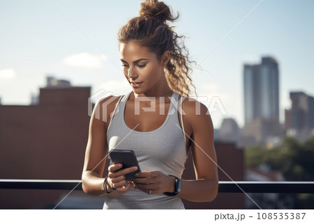 Young athletic Hispanic woman in sportswear with smartphone while training outdoors. Slender swarthy girl resting after jogging or workout in city street. Active lifestyle in urban environment. Young athletic Hispanic woman in sportswear with smartphone while training outdoors. Slender swarthy girl resting after jogging or workout in city street. Active lifestyle in urban environment. 108535387
