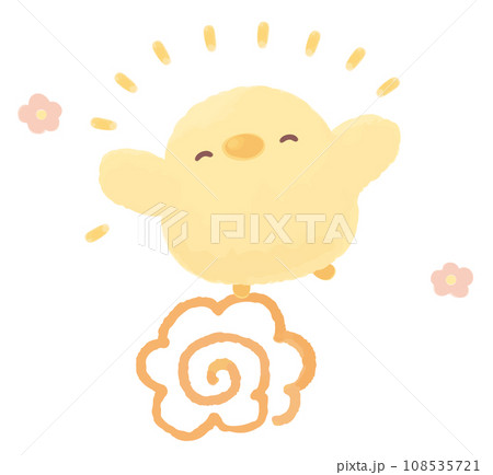 花丸マークとバンザイで喜ぶ笑顔のひよこ 108535721