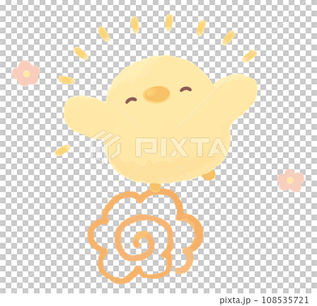 花丸マークとバンザイで喜ぶ笑顔のひよこ 108535721