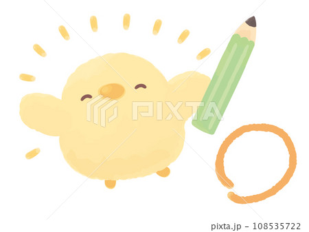 正解の採点マークと笑顔のひよこ 丸つけ 正解の採点マークと笑顔のひよこ 丸つけ 108535722