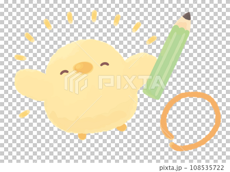 正解の採点マークと笑顔のひよこ 丸つけ 正解の採点マークと笑顔のひよこ 丸つけ 108535722