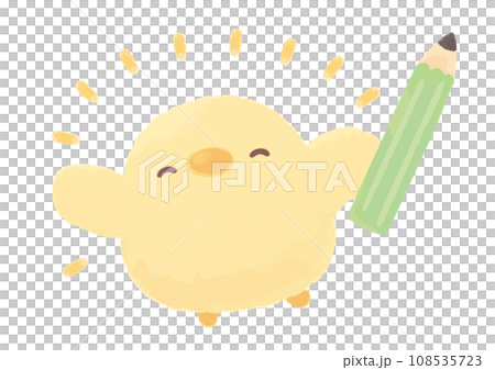 鉛筆を持つ笑顔のひよこの手描き風イラスト 鉛筆を持つ笑顔のひよこの手描き風イラスト 108535723