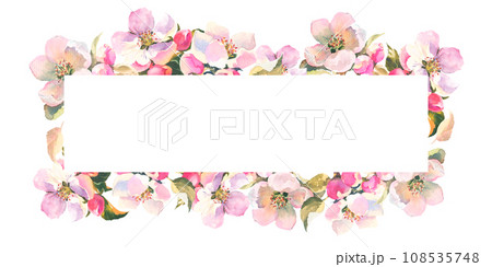 Watercolour illustration, delicate branch of an apple tree with flowers and leaves. Horisontal frame with Spring pink flowers, with empty plase for you text 108535748