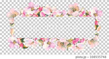 Watercolour illustration, delicate branch of an apple tree with flowers and leaves. Horisontal frame with Spring pink flowers, with empty plase for you text 108535748