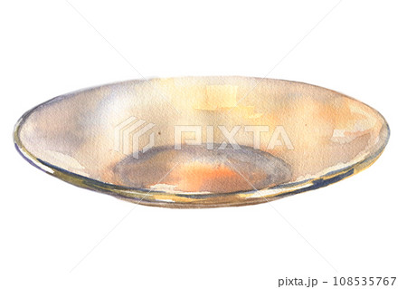 Hand drawn watercolor illustration of empty white glass plate. 108535767
