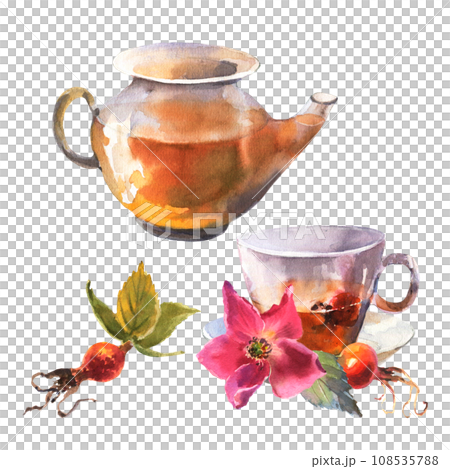 watercolor illustration, teapot and cup decorated with pink dog rose flowers and red berries. 108535788