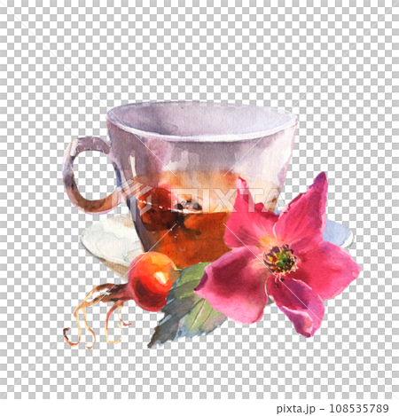 watercolor illustration, cup decorated with pink dog rose flowers and red berries. 108535789