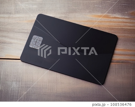Black bank credit card on wooden table isolated AI 108536476