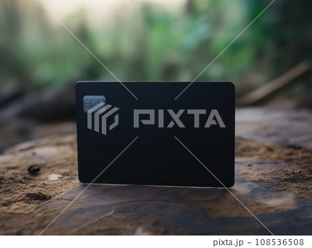 Black bank credit card on wooden stump in the forest AI 108536508