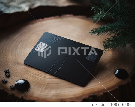 Black bank credit card on wooden table isolated AI 108536586