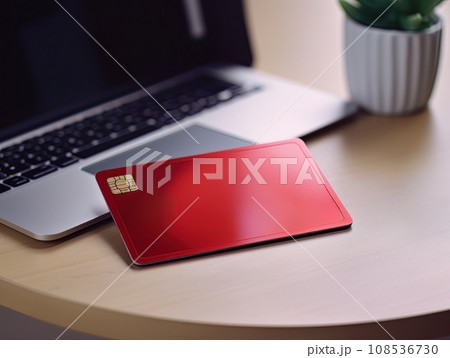 Red bank credit card on office desk with laptop AI Red bank credit card on office desk with laptop AI 108536730