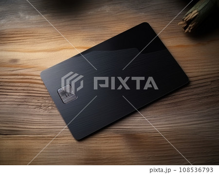 Black bank credit card on wooden table isolated AI 108536793