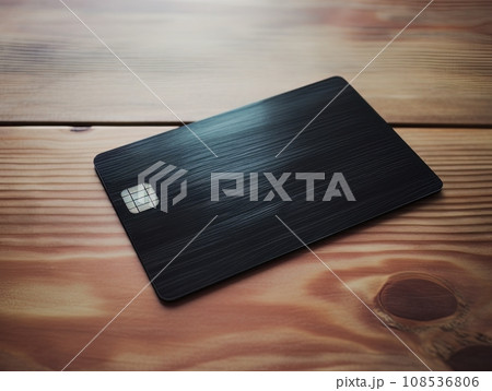 Black bank credit card on wooden table isolated AI 108536806