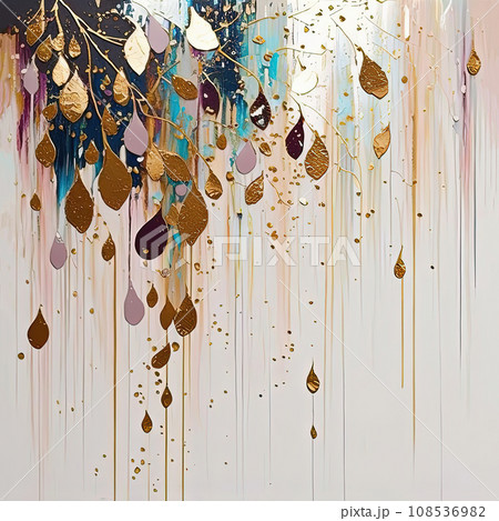 Luxury interior wall art. Fall branches with colorful and gold leaves on white background Luxury interior wall art. Fall branches with colorful and gold leaves on white background 108536982