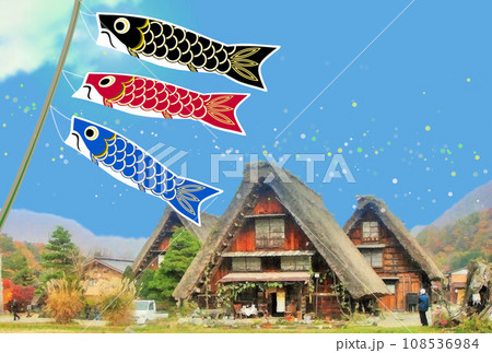 白川郷を泳ぐ鯉のぼり　合掌造りと鯉のぼり　節句 108536984