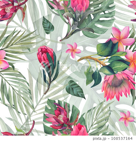 Watercolor seamless pattern with monstera and palm tropical leaves and protea flowers. Jungle design illustration for fabrics, covers, prints. hand drawn botanical illustration Watercolor seamless pattern with monstera and palm tropical leaves and protea flowers. Jungle design illustration for fabrics, covers, prints. hand drawn botanical illustration 108537164