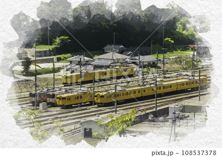 水彩画風 JR新見駅 新見駅車両基地 岡山県新見市 水彩画風 JR新見駅 新見駅車両基地 岡山県新見市 108537378
