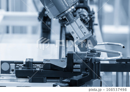 The steel pipe bending process by robotic arm. The steel pipe bending process by robotic arm. 108537498