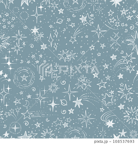 Seamless background with doodle stars on grey blue. Can be used for wallpaper, pattern fills, textile, web page background, surface textures. 108537693