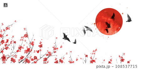 Sakura tree in bloom, big red sun and flock of birds in the sky. Traditional oriental ink painting sumi-e, u-sin, go-hua. Translation of hieroglyph - sakura bloom Sakura tree in bloom, big red sun and flock of birds in the sky. Traditional oriental ink painting sumi-e, u-sin, go-hua. Translation of hieroglyph - sakura bloom 108537715