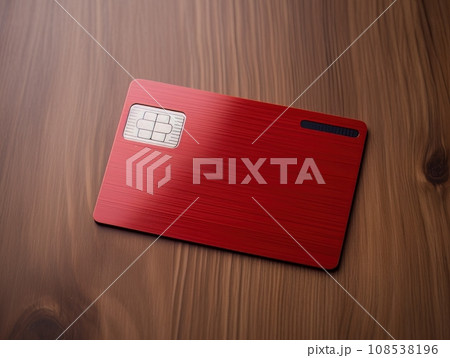 Red bank credit card on wooden table isolated AI 108538196