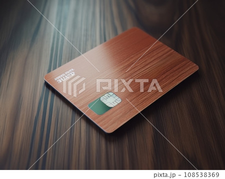Brown bank credit card on wooden table isolated AI 108538369