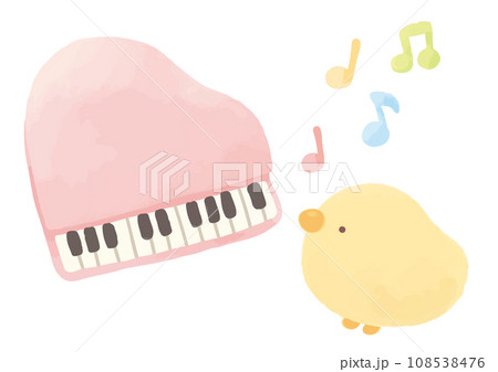 ピンクのミニピアノと音符とひよこ ピンクのミニピアノと音符とひよこ 108538476
