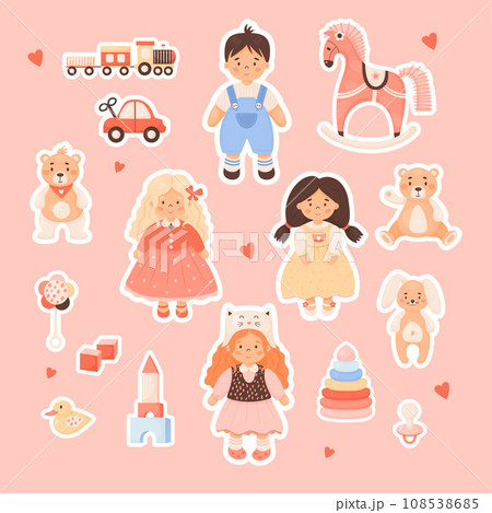 Collection children toys stickers. Cute Kids doll toys girls and funny boy, plush animals, rocking horse, pyramid, car, train, cubes, pacifier and rattle. Vector isolate illustration in cartoon style 108538685