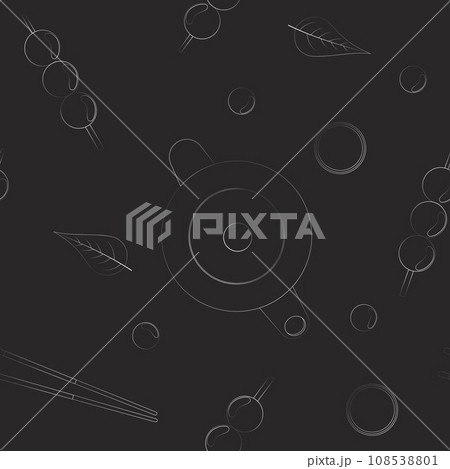 Japanese seamless pattern. Pattern with tea and japanese dango. Asian cuisine.. Black and white background. Japanese seamless pattern. Pattern with tea and japanese dango. Asian cuisine.. Black and white background. 108538801