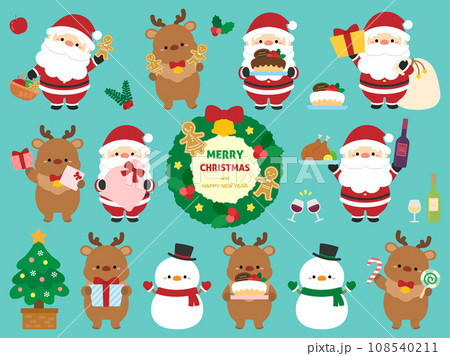 かわいいサンタさんとトナカイと雪ダルマのイラスト素材セット 108540211