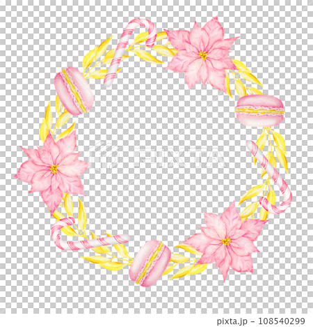Pink poinsettia, gold branches, New Year's candy canes, macarons. Watercolor hand drawn wreath with Christmas star. Winter symbol for holiday season prints, greeting cards, banner, invitations, poster 108540299