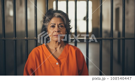 A middle-aged Mexican female prisoner in an orange uniform against a background of metal bars looks at the camera. 108540447