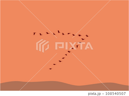 夕暮れの大地に数十羽の渡り鳥が飛んでいるイラスト 108540507