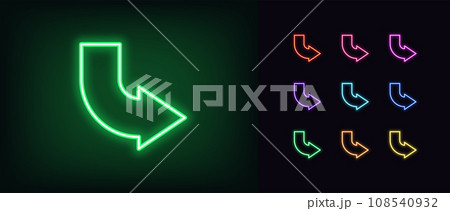 Outline bended neon arrow icon set. Glowing neon curved arrow pointer, bent arrowhead sign. Rounded arrow, turning cursor, bended navigation pointer, rotate motion direction. Vector icon set 108540932