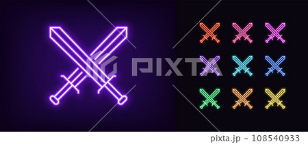 Outline neon sword battle icon. Glowing neon crossed swords sign, gaming battle arena. Royal sword fight, gladiator battle, steel weapon, game medieval civilization with warrior clash. Vector icon set 108540933
