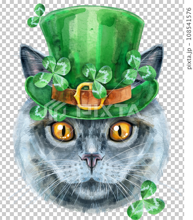 Lovely closeup portrait of British Shorthair in the classic color blue cat in a leprechaun hat. Hand drawn watercolor painting on white background 108541576