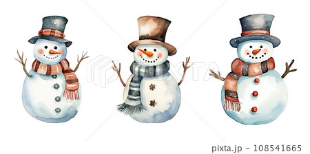 Set of watercolor snowmen with cozy scarves and hats isolated on white background. Set of watercolor snowmen with cozy scarves and hats isolated on white background. 108541665