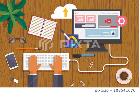 Man working on computer, human hands typing on keyboard, programmer, business analysis, web design, strategy. Monitor and presentation with graphics. Businessman workplace at table business banner Man working on computer, human hands typing on keyboard, programmer, business analysis, web design, strategy. Monitor and presentation with graphics. Businessman workplace at table business banner 108541670