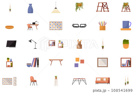 Home decor, isolated decoration elements set for apartment or office, home furnishings. Living room interior background. Modern cozy and stylish furniture and house plants. Lounge decorative objects 108541699