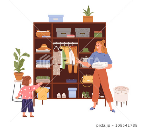 Mother and child putting things in closet. Family doing housework, little girl and woman clean house, washing clothes and putting dress in wardrobe. Children helping their parents clean house Mother and child putting things in closet. Family doing housework, little girl and woman clean house, washing clothes and putting dress in wardrobe. Children helping their parents clean house 108541788
