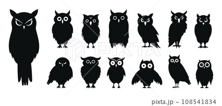 Black owls silhouettes. Isolated angry owl, wild forest birds collection. Flat decorative vector icons, simple abstract style Black owls silhouettes. Isolated angry owl, wild forest birds collection. Flat decorative vector icons, simple abstract style 108541834